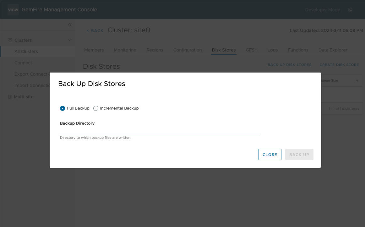 image of the create disk store backup screen