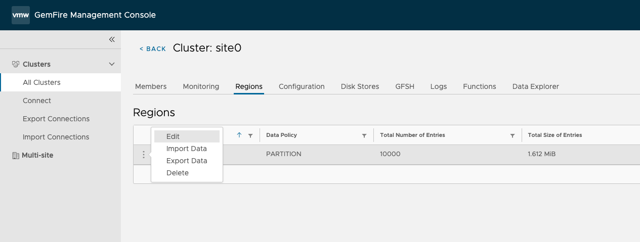 image of the import and export data option for a region