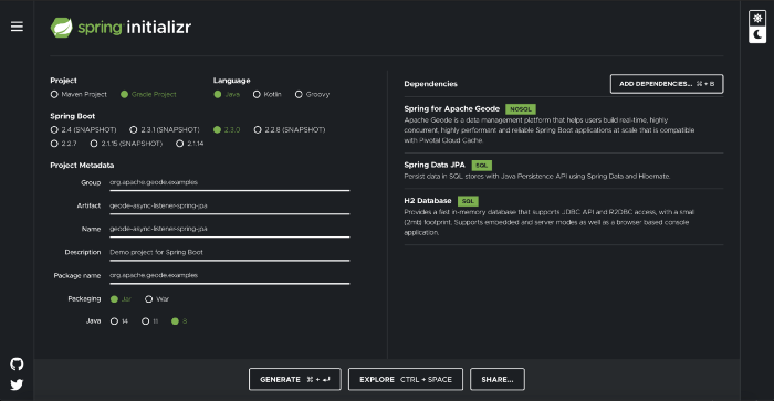 Screenshot of Spring Initializr illustrating dependency selections
