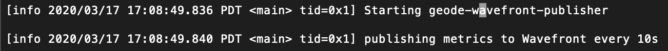 Screenshot logging that GemFire is publishing metrics to Wavefront