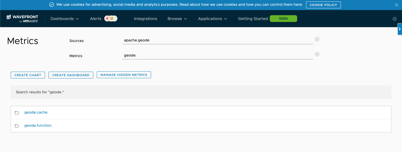Screenshot of Wavefront Metrics dashboard listing GemFire metrics